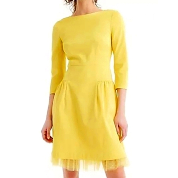J. Crew Bright Lemon Yellow Sheath Dress w/ Polka-dot Tulle Hem - Size 0 - NWT - Picture 1 of 16